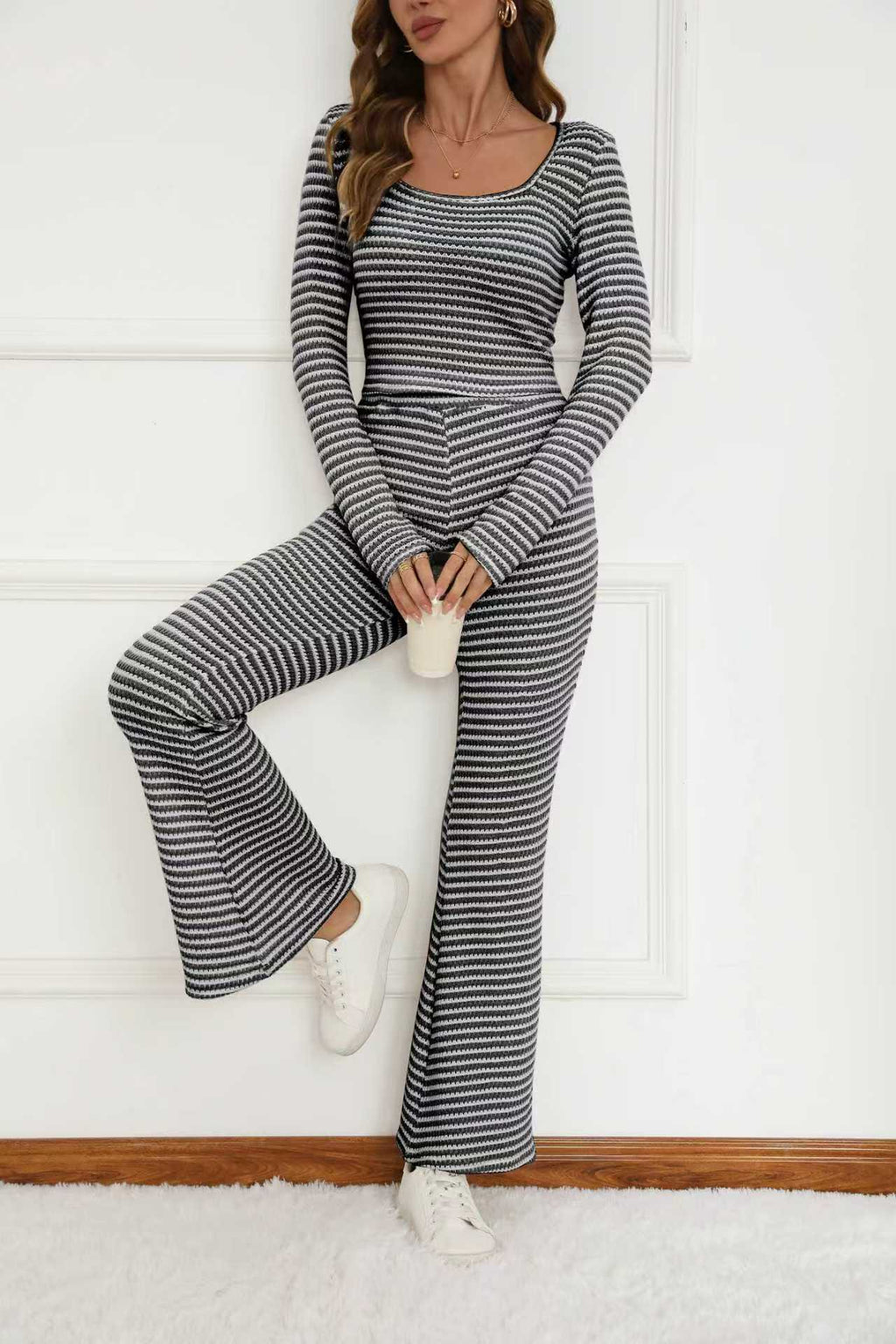 Ribbed Stripe Square Neck Flare Pants Set - Black