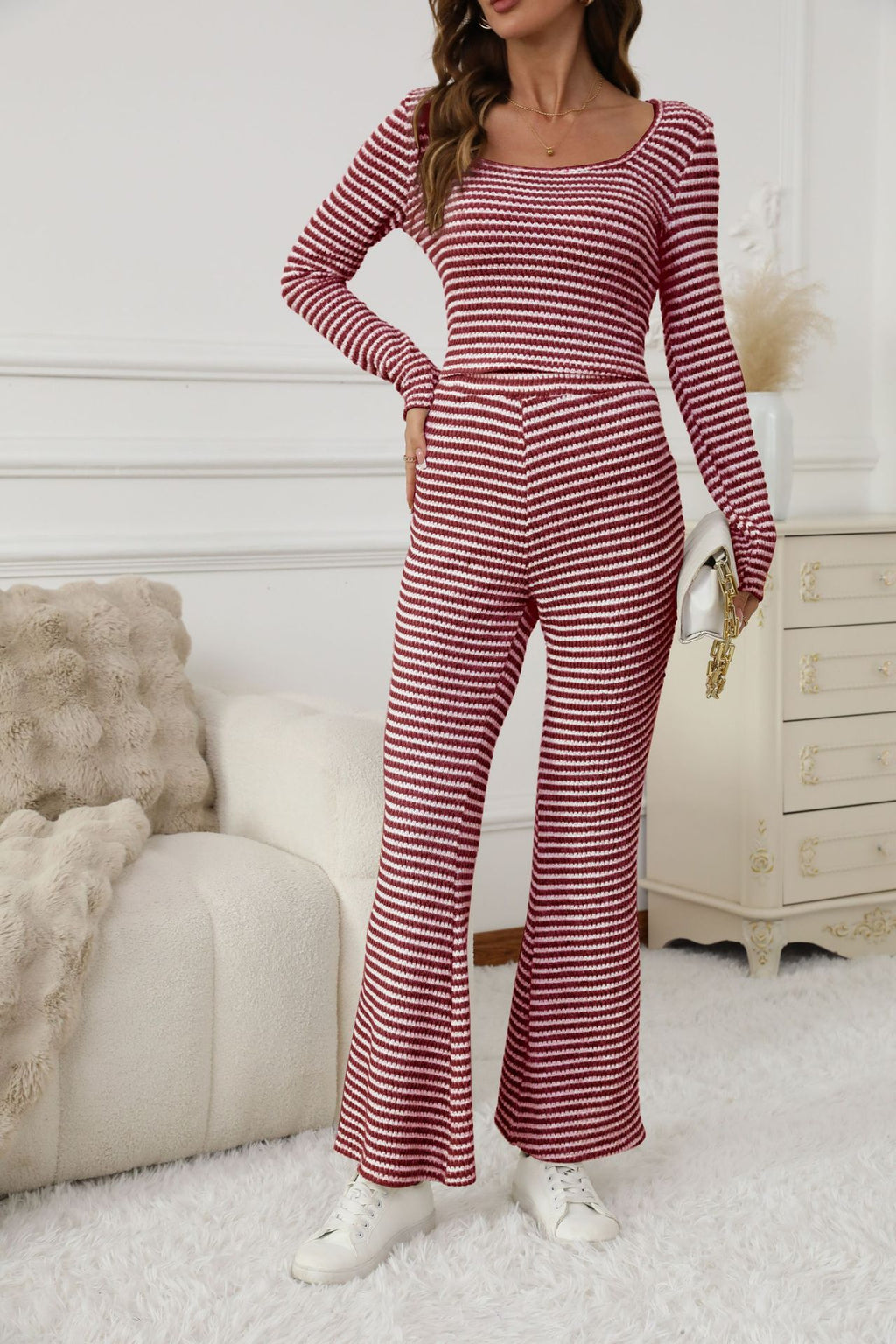 Ribbed Stripe Square Neck Flare Pants Set - Winered
