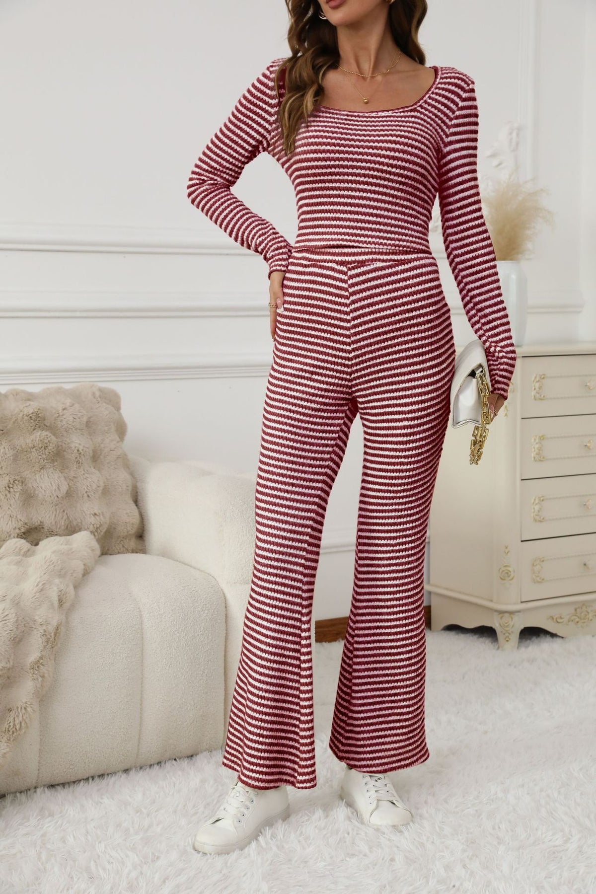 Ribbed Stripe Square Neck Flare Pants Set - Winered