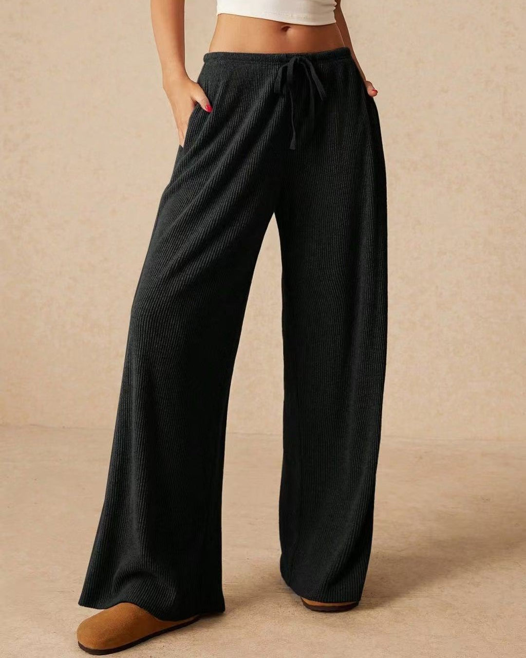 Drawstring Elastic Waist Wide Leg Lounge Pants - Black
