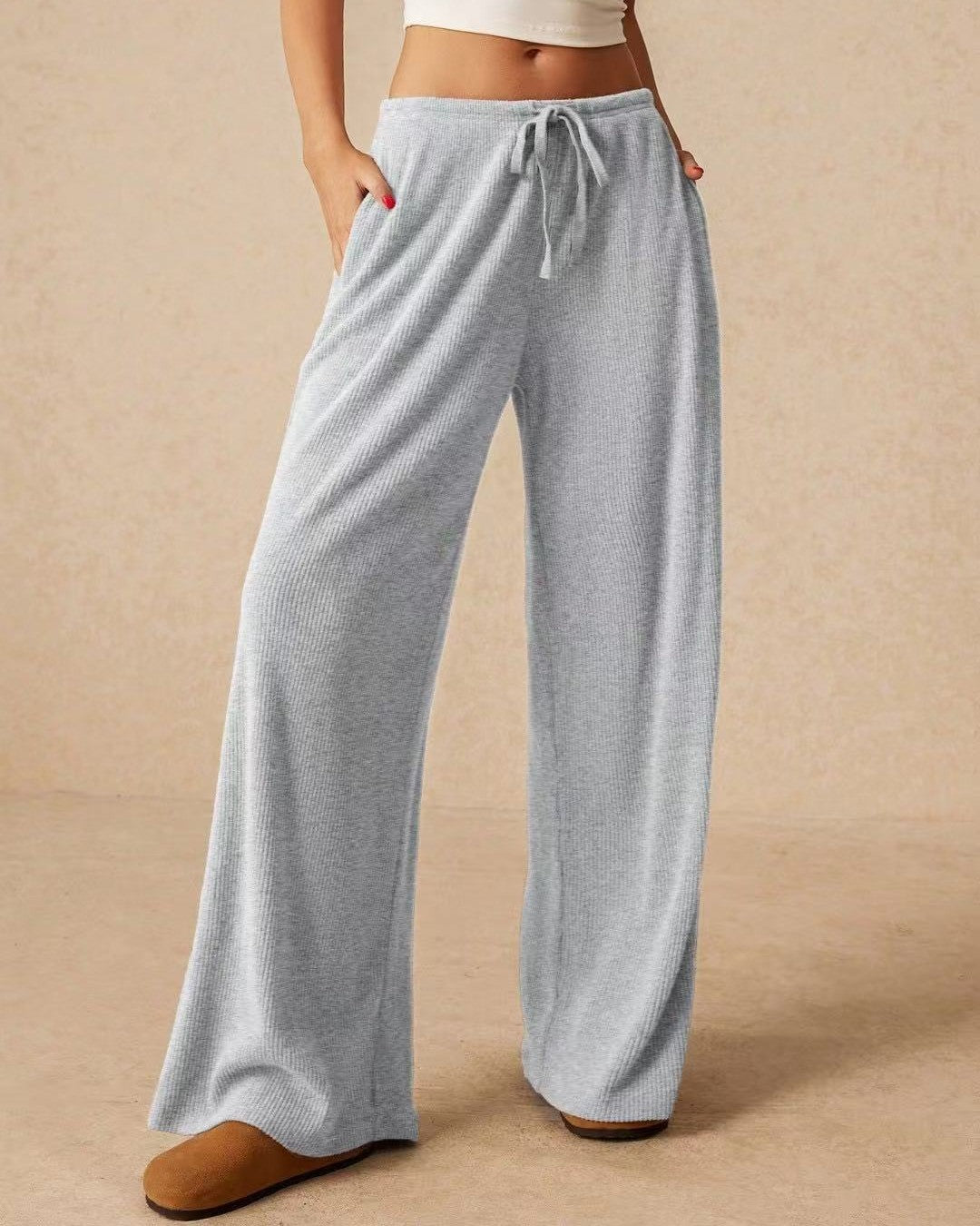 Drawstring Elastic Waist Wide Leg Lounge Pants - Gray