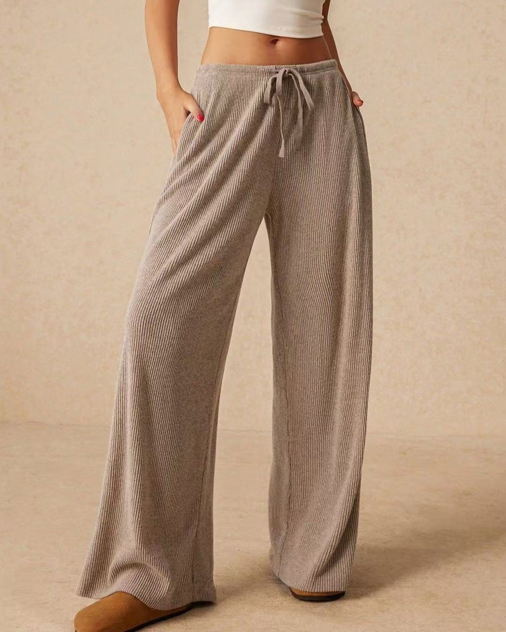 Drawstring Elastic Waist Wide Leg Lounge Pants - Khaki