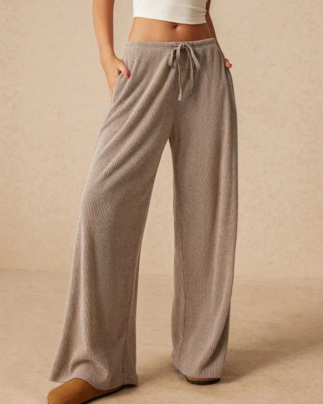 Drawstring Elastic Waist Wide Leg Lounge Pants - Khaki