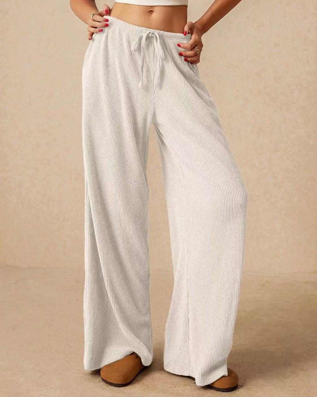 Drawstring Elastic Waist Wide Leg Lounge Pants - White