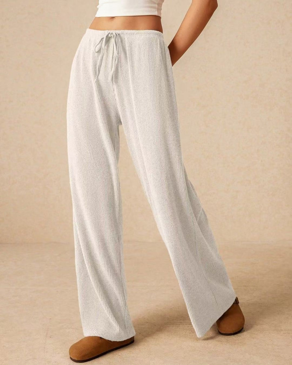 Drawstring Elastic Waist Wide Leg Lounge Pants - White - 1