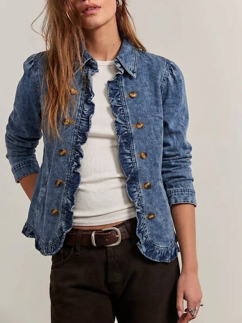 Fitted Ruffle Trim Denim Blazer with Puff Shoulders - Blue