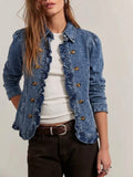 Fitted Ruffle Trim Denim Blazer with Puff Shoulders - Blue