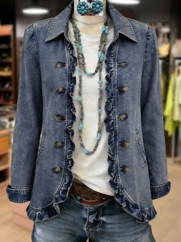 Fitted Ruffle Trim Denim Blazer with Puff Shoulders - Blue - 1