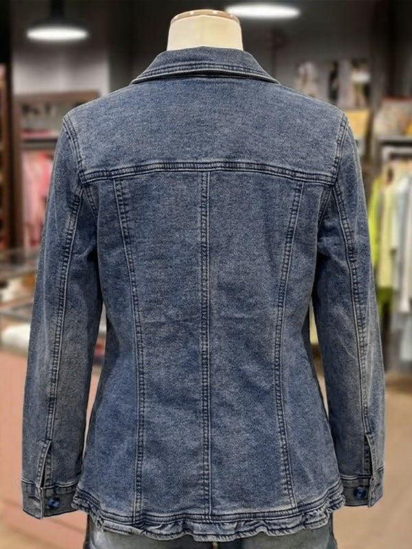 Fitted Ruffle Trim Denim Blazer with Puff Shoulders - Blue - 2