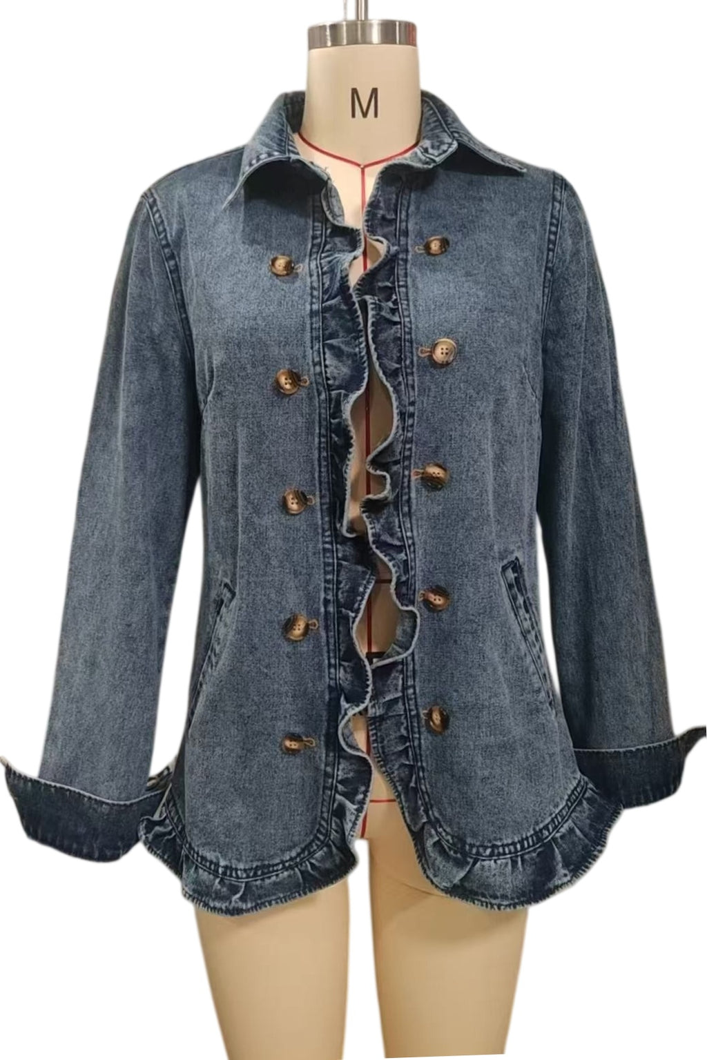 Fitted Ruffle Trim Denim Blazer with Puff Shoulders - Blue - 3