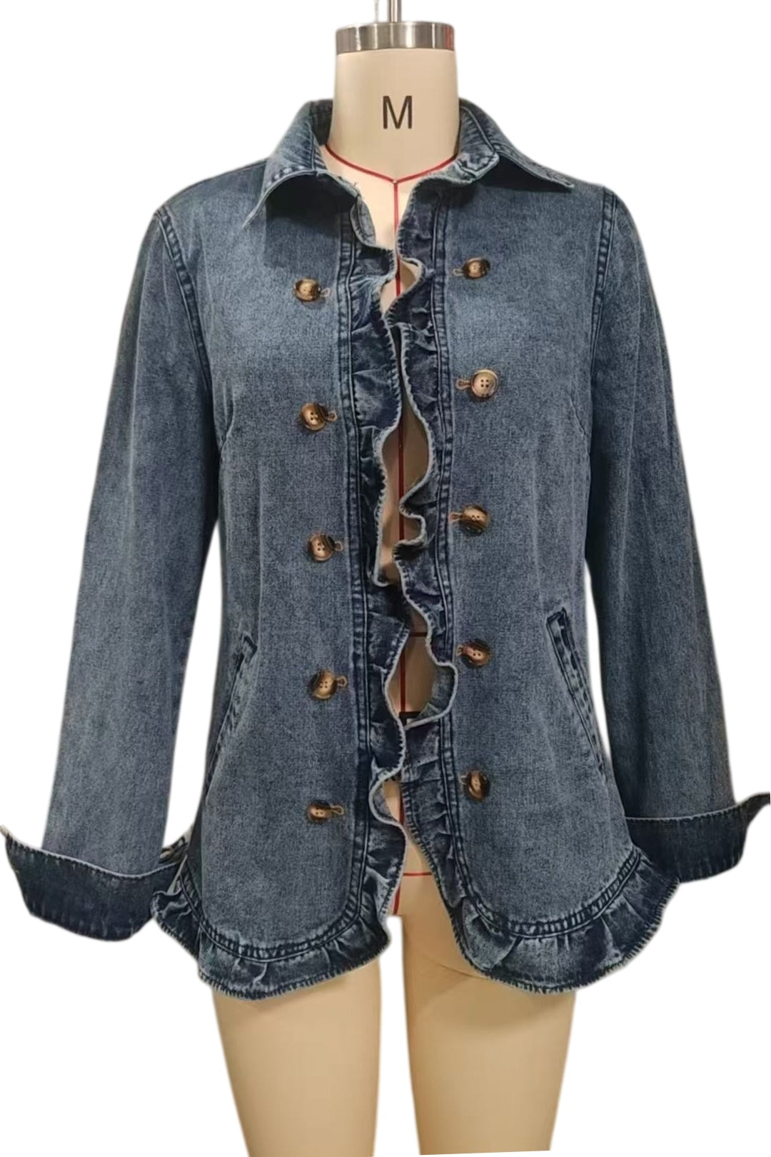 Fitted Ruffle Trim Denim Blazer with Puff Shoulders - Blue - 3