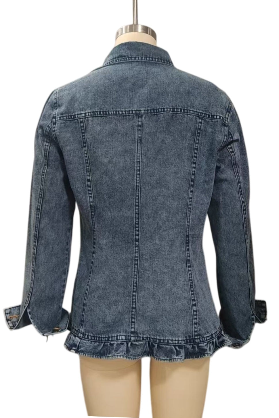 Fitted Ruffle Trim Denim Blazer with Puff Shoulders - Blue - 4