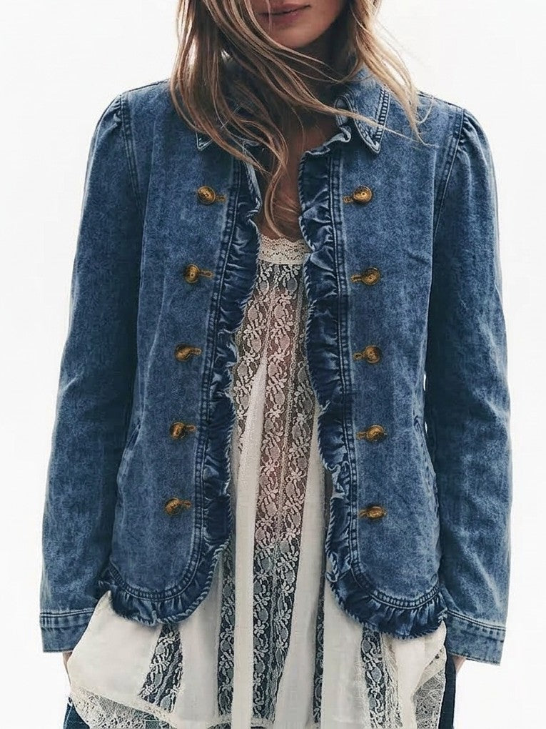 Fitted Ruffle Trim Denim Blazer with Puff Shoulders - Blue - 5