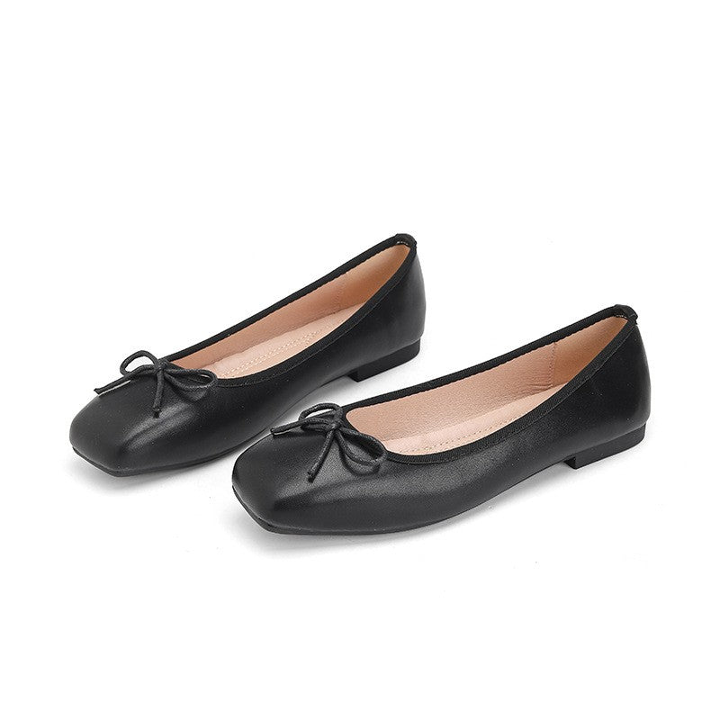 Classic Square Toe Bow Ballet Flats - Black