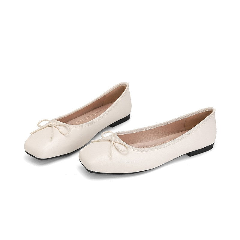 Classic Square Toe Bow Ballet Flats - Off White