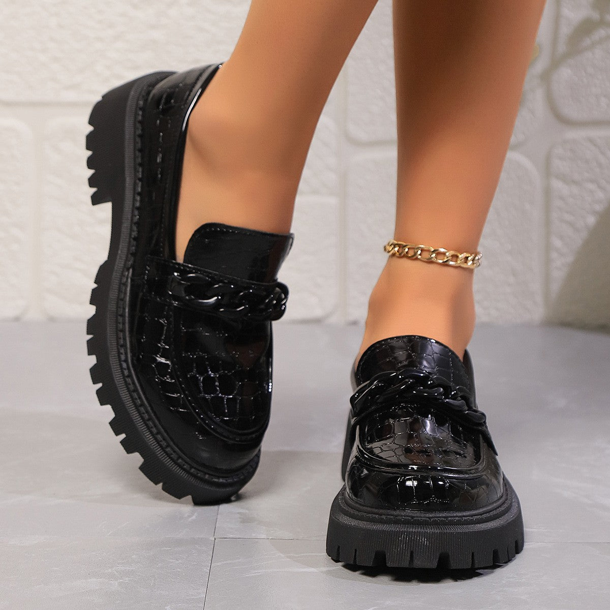 Croc Embossed Chain Platform Loafers - Black