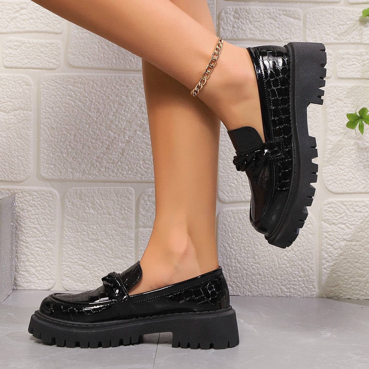 Croc Embossed Chain Platform Loafers