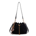 Faux Suede Drawstring Bucket Bag with Charms - Black