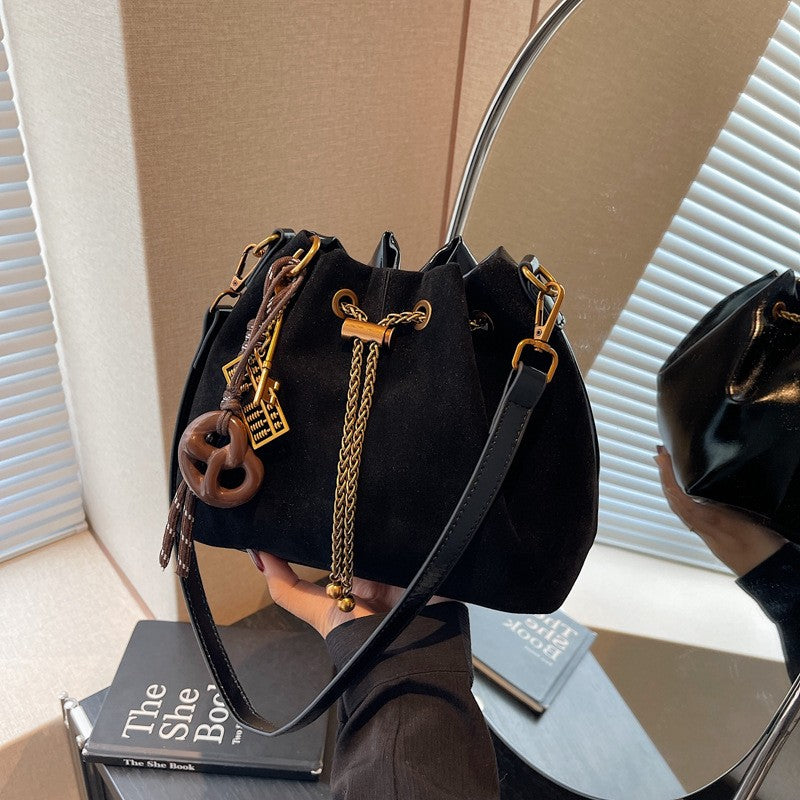 Faux Suede Drawstring Bucket Bag with Charms