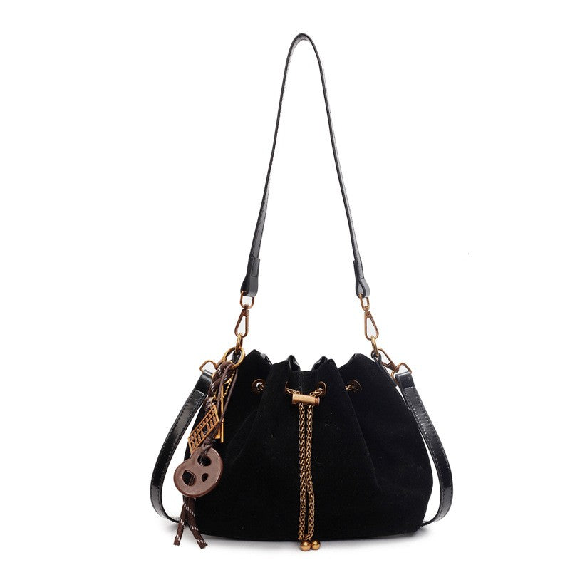 Faux Suede Drawstring Bucket Bag with Charms