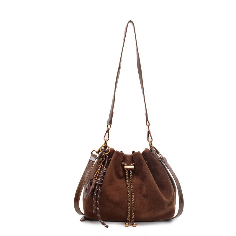 Faux Suede Drawstring Bucket Bag with Charms