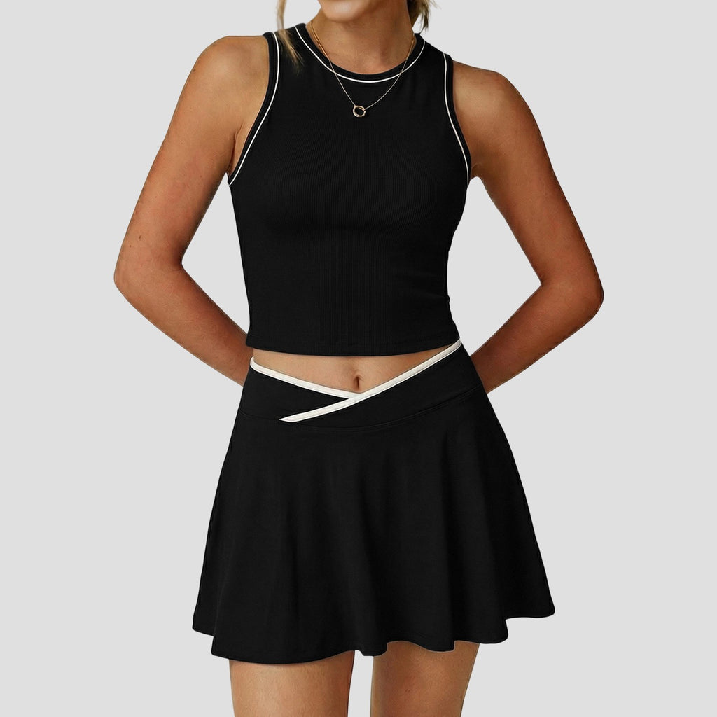 Ribbed Crop Tank and Crossover Tennis Skort Set - Black