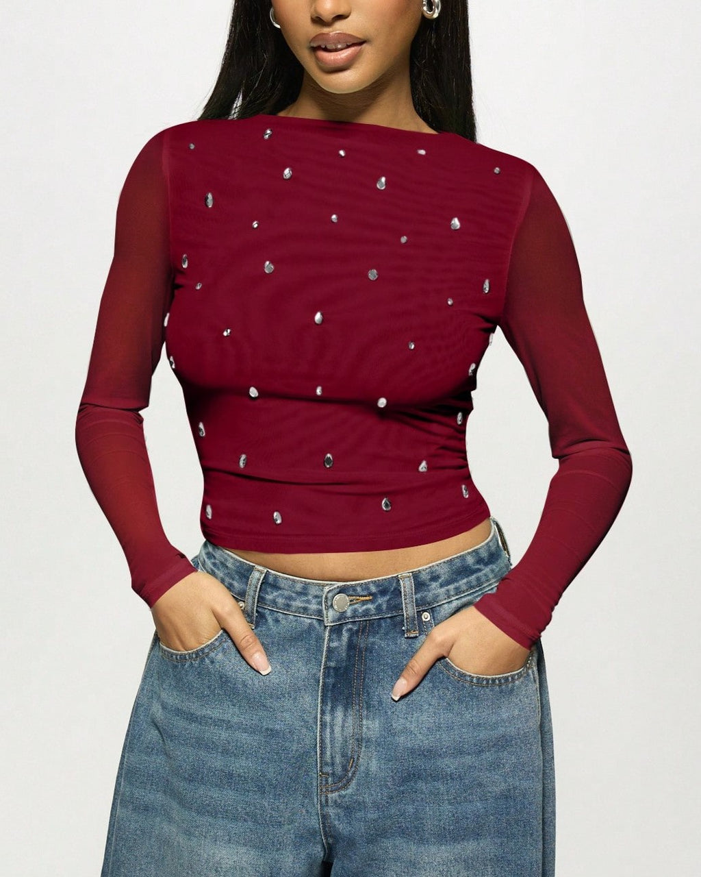 Rhinestone Mesh Sleeve Fitted Blouse - WineRed - 1
