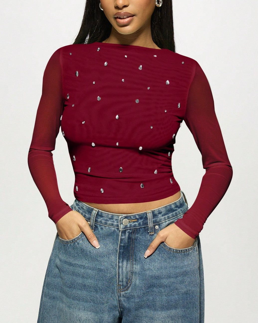Rhinestone Mesh Sleeve Fitted Blouse - WineRed - 1