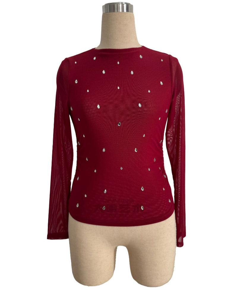 Rhinestone Mesh Sleeve Fitted Blouse - WineRed - 2