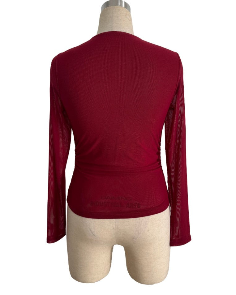 Rhinestone Mesh Sleeve Fitted Blouse - WineRed - 3