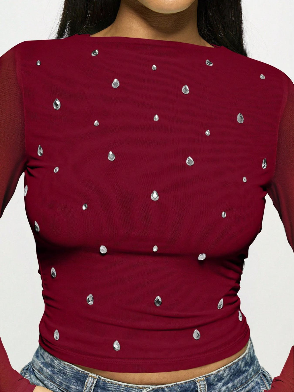 Rhinestone Mesh Sleeve Fitted Blouse - WineRed - 4
