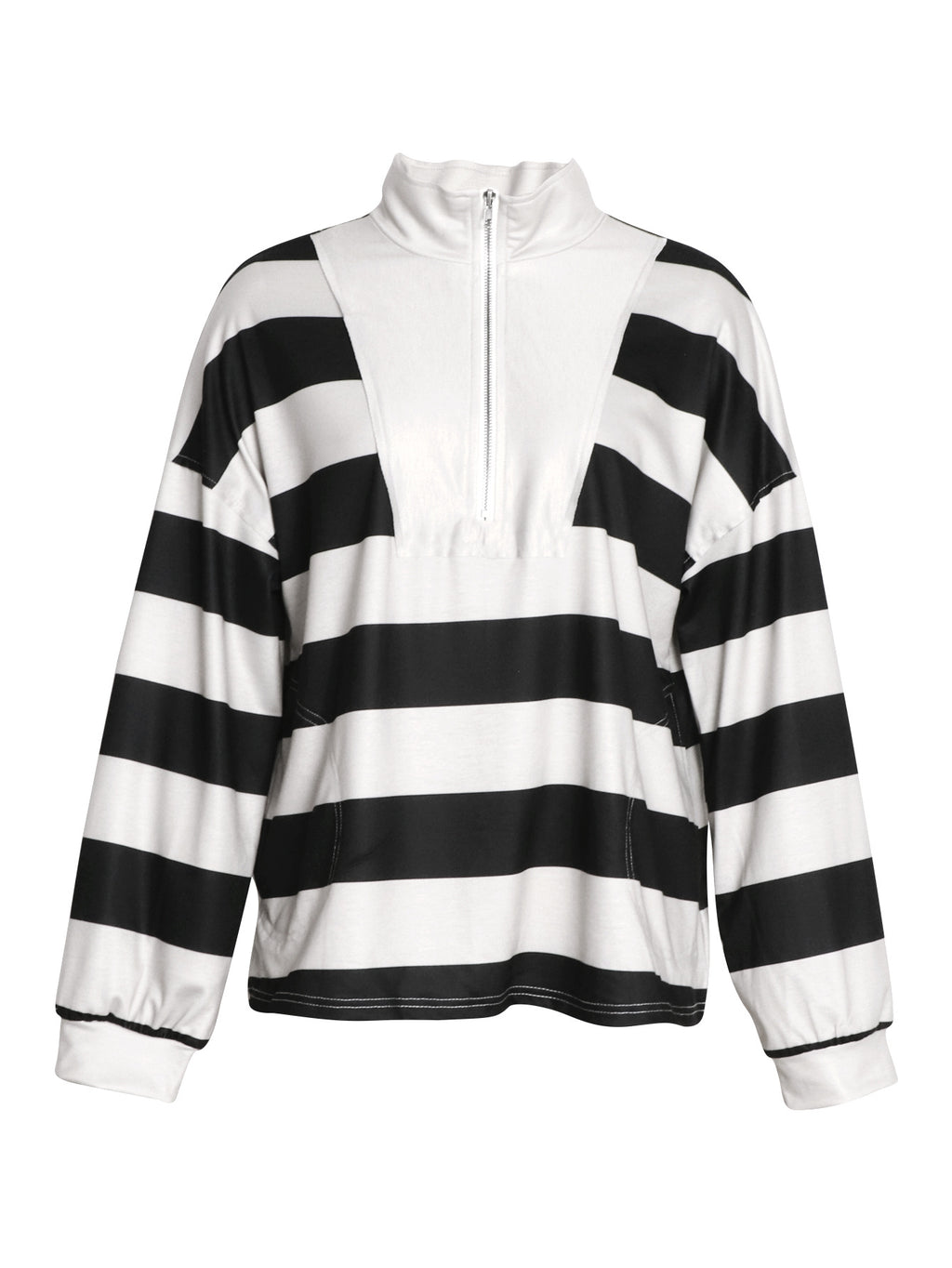 Rugby Stripe Half Zip Sweatshirt With Stand Collar - Black