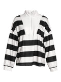 Rugby Stripe Half Zip Sweatshirt With Stand Collar - Black