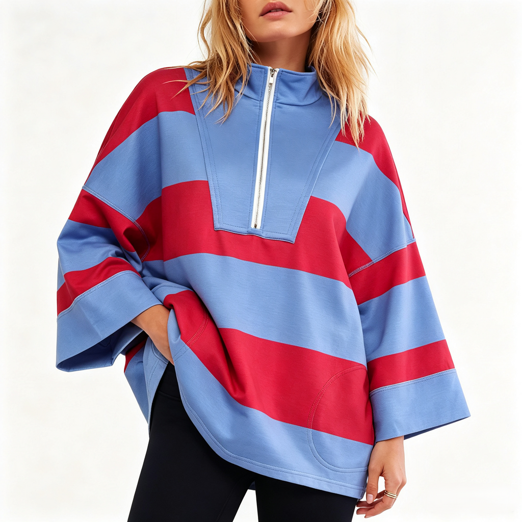 Rugby Stripe Half Zip Sweatshirt With Stand Collar - Blue