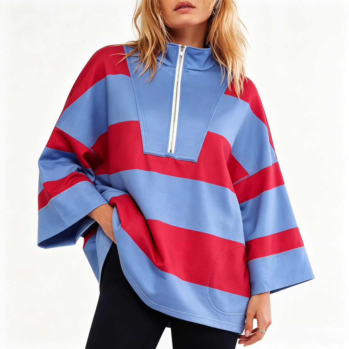 Rugby Stripe Half Zip Sweatshirt With Stand Collar - Blue