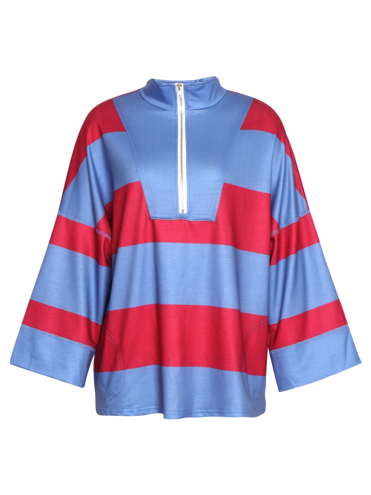 Rugby Stripe Half Zip Sweatshirt With Stand Collar - Blue - 1