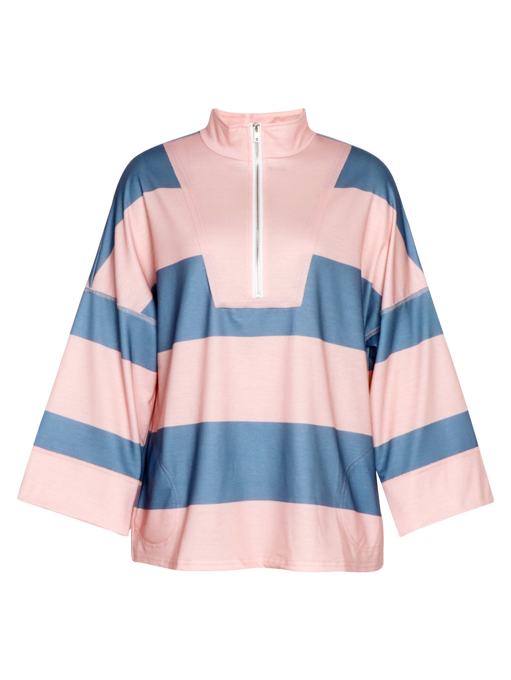 Rugby Stripe Half Zip Sweatshirt With Stand Collar - Pink