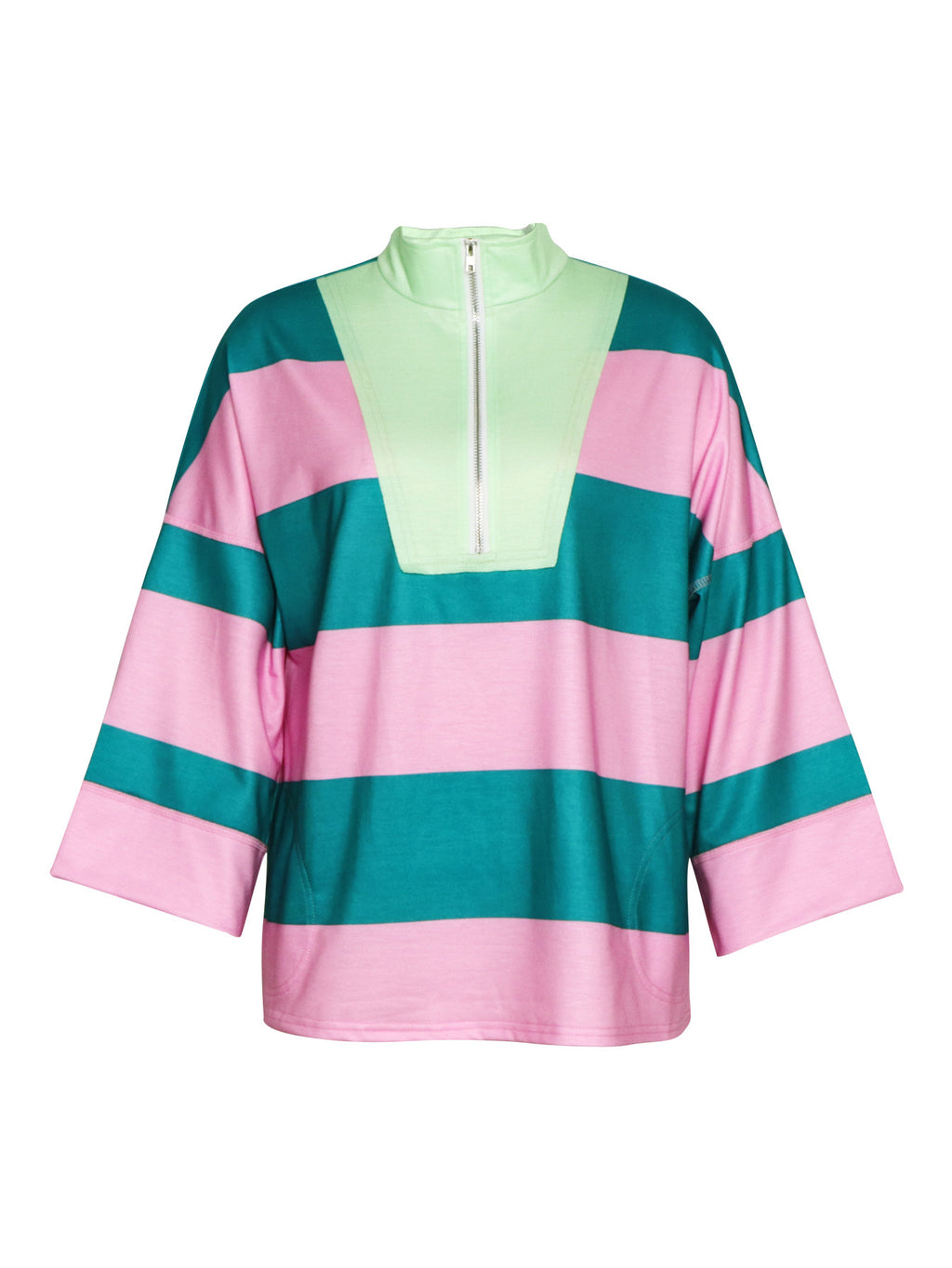 Rugby Stripe Half Zip Sweatshirt With Stand Collar - Rose