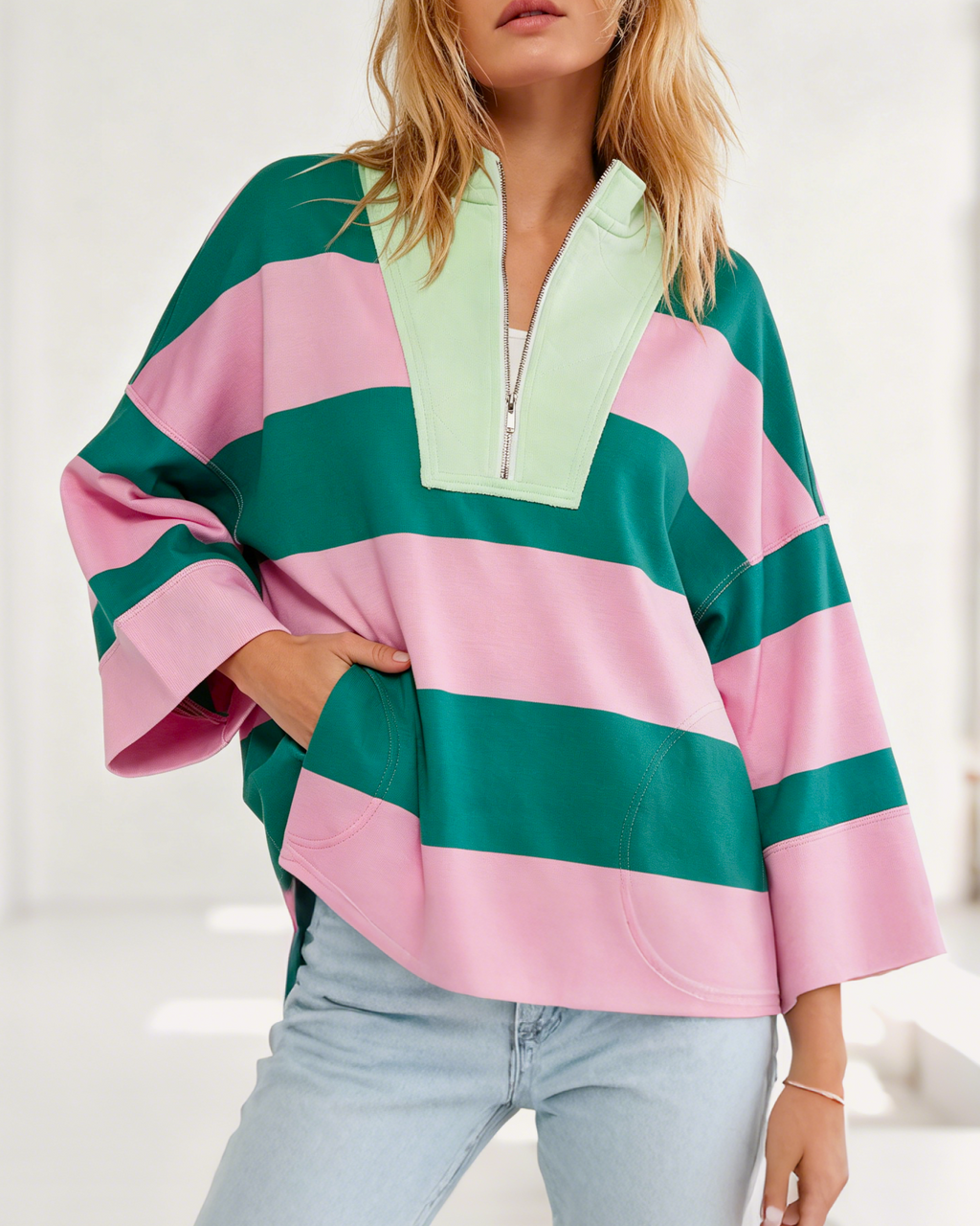 Rugby Stripe Half Zip Sweatshirt With Stand Collar - Rose - 1