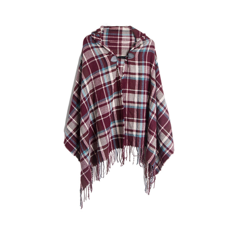 Tartan Plaid Hooded Poncho With Toggle - Red/Beige
