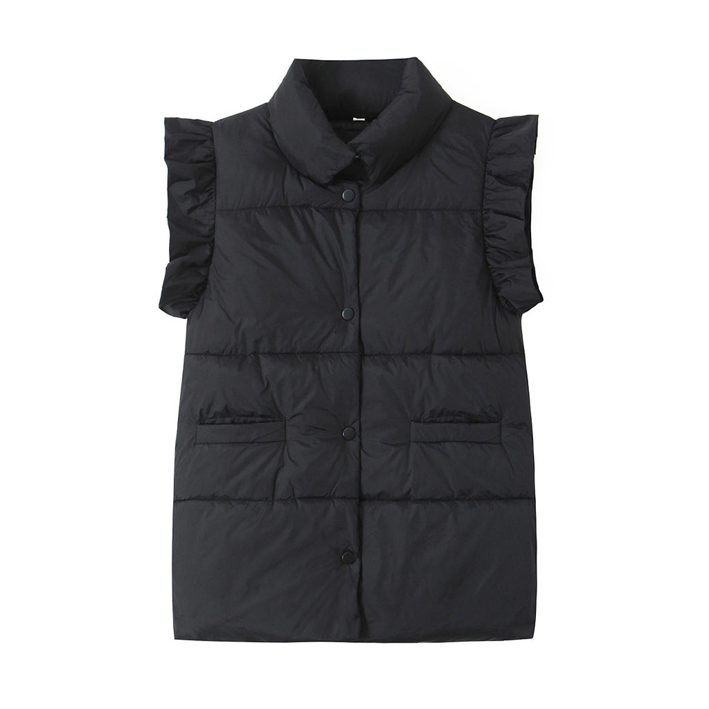 Ruffle Shoulder Quilted Puffer Vest - Black