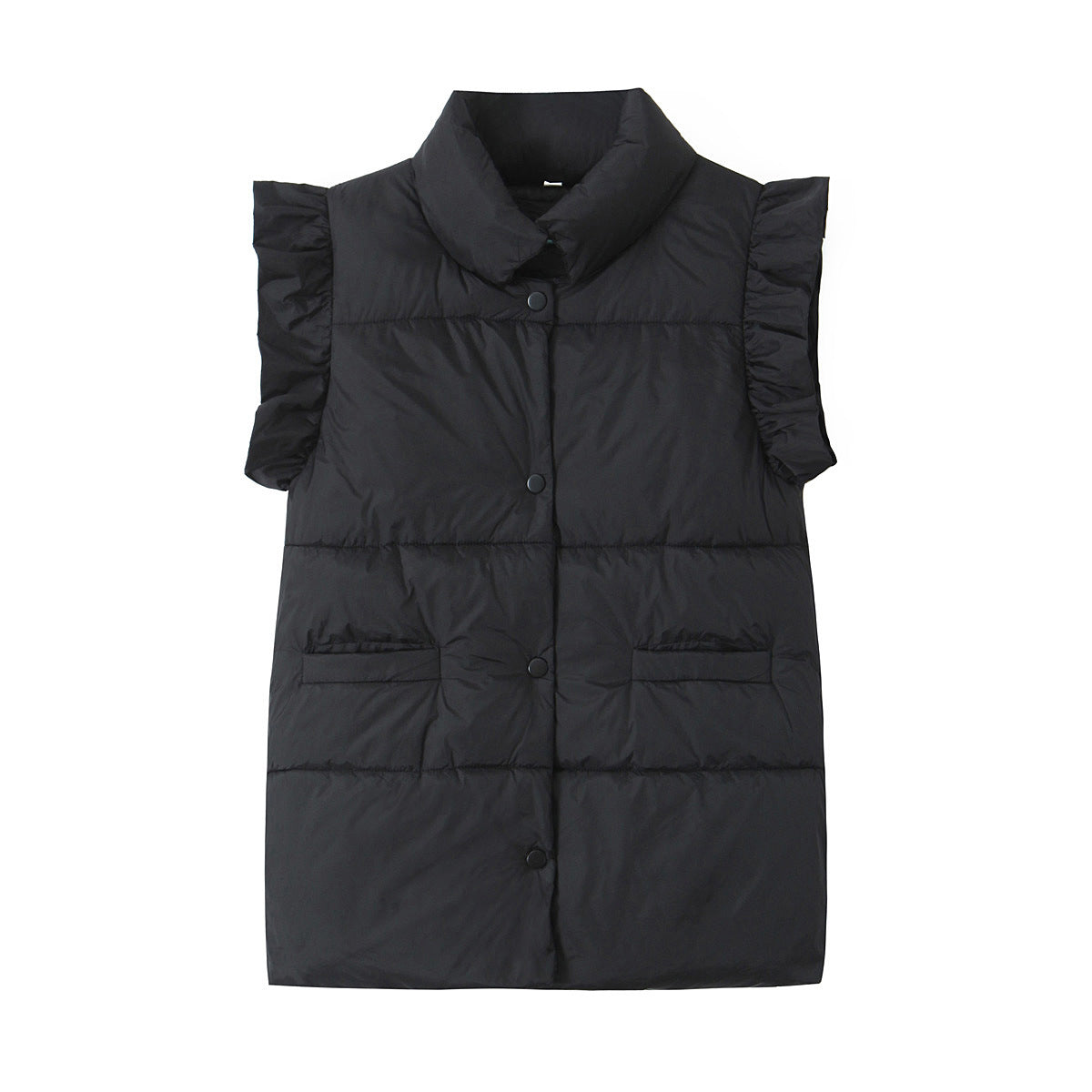 Ruffle Shoulder Quilted Puffer Vest - Black