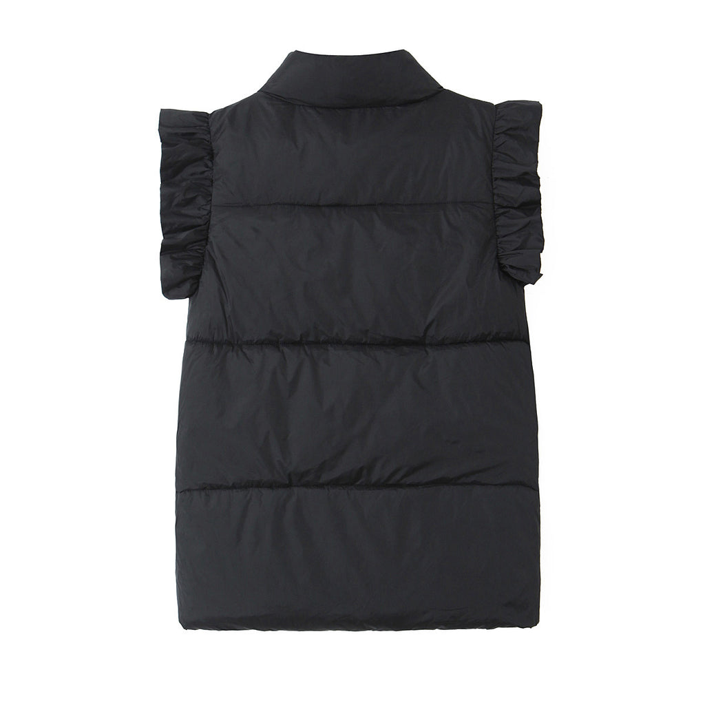 Ruffle Shoulder Quilted Puffer Vest - Black - 1