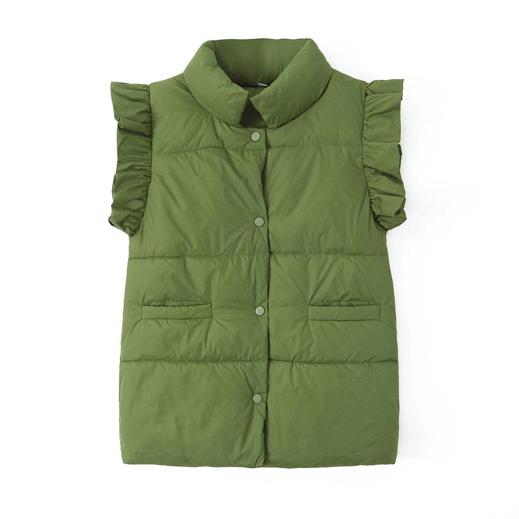 Ruffle Shoulder Quilted Puffer Vest - Green