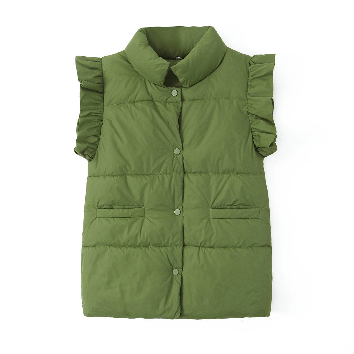 Ruffle Shoulder Quilted Puffer Vest - Green