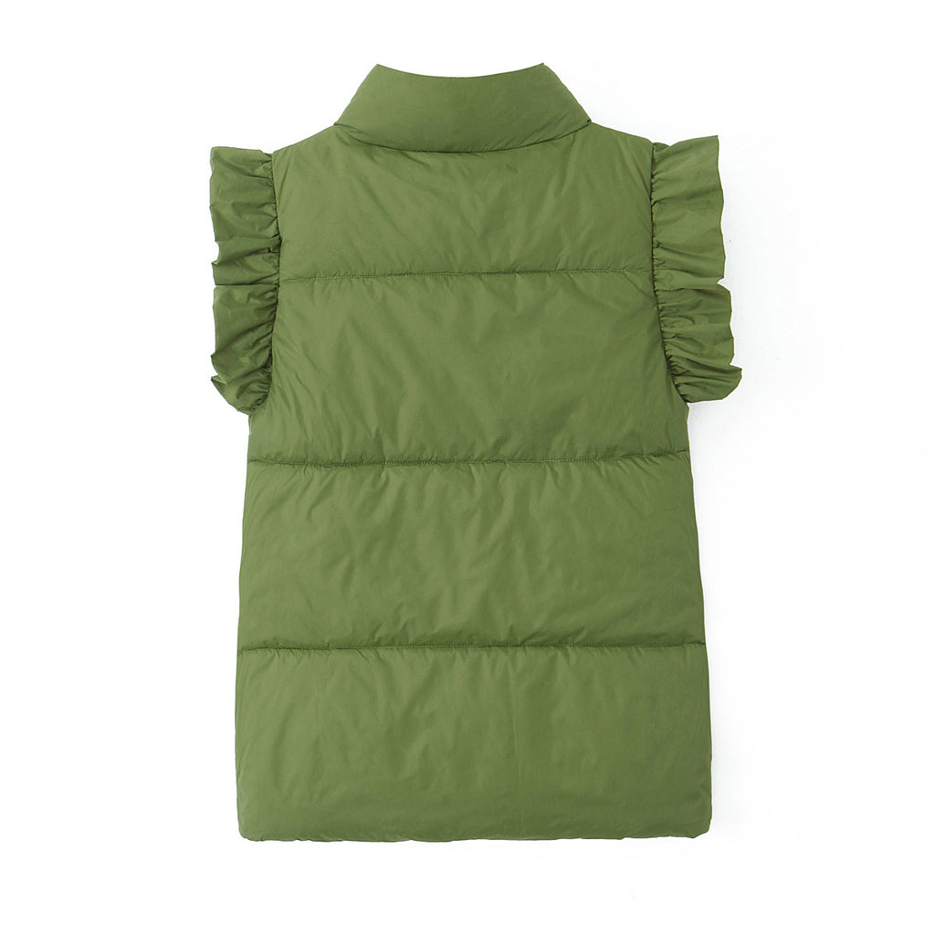 Ruffle Shoulder Quilted Puffer Vest - Green - 1
