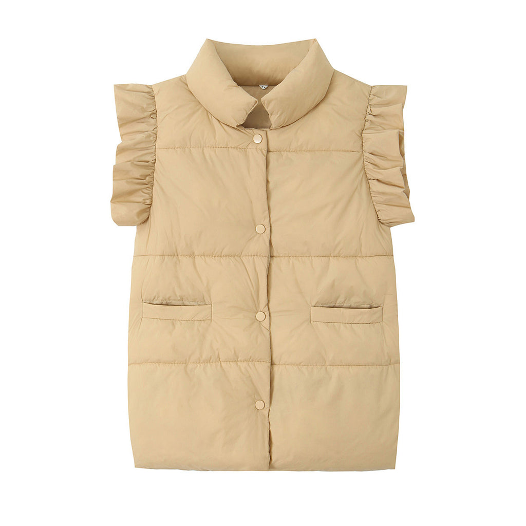 Ruffle Shoulder Quilted Puffer Vest - Khaki