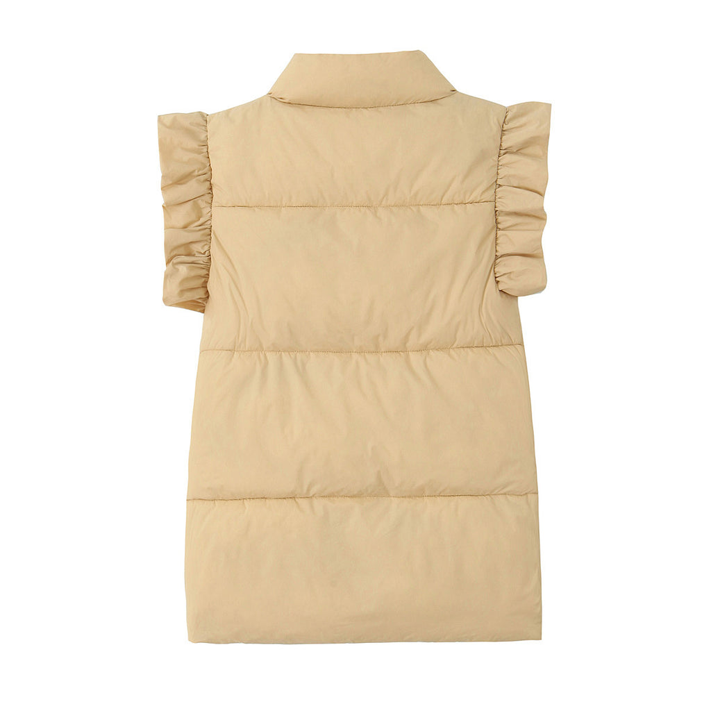 Ruffle Shoulder Quilted Puffer Vest - Khaki - 1