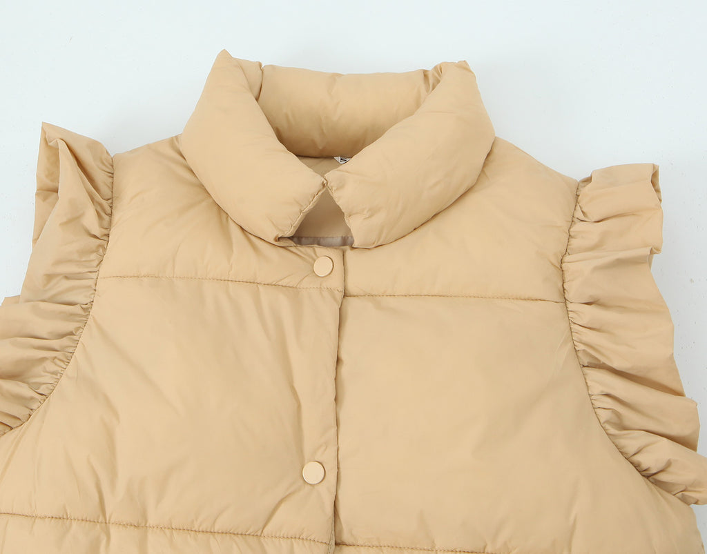 Ruffle Shoulder Quilted Puffer Vest - Khaki - 2