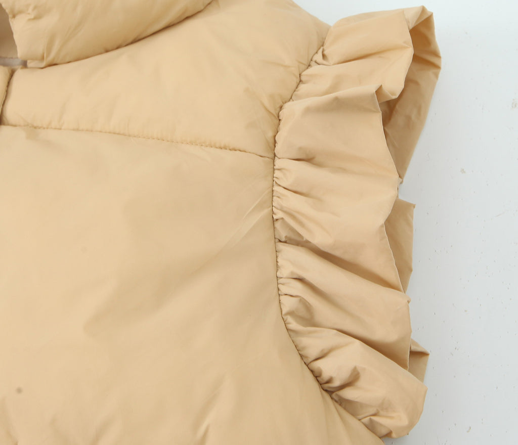 Ruffle Shoulder Quilted Puffer Vest - Khaki - 4